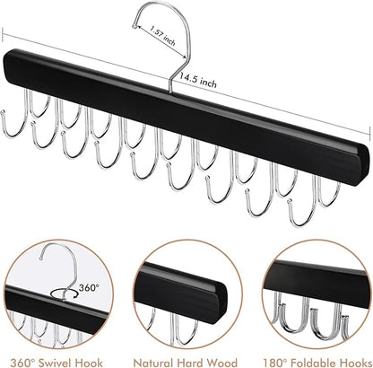 2 Pack Bra Hanger for Closet Organizer, Premium Wooden Tank Top Hangers with 36 Foldable Hooks, 360° Rotating Design, Space Saving Storage for Tank Tops, Bras, Scarves and More, Black