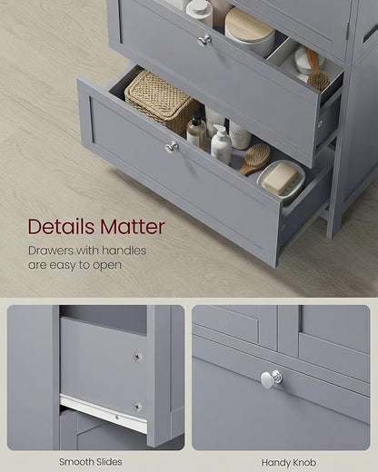 VASAGLE Floor Storage Cabinet, Freestanding Storage Unit with 2 Drawers and 2 Doors, Adjustable Shelf, 11.8 x 23.6 x 43.3 Inches, for Entryway, Bathroom, Dove Gray UBBC551G02V2