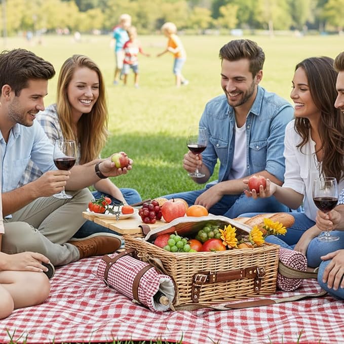 Multifunctional Wicker Picnic Basket Set for 4 with Blanket and Picnic Table, Insulated Picnic Set with Full Tablewares for Camping Outdoor Couples, Gingham