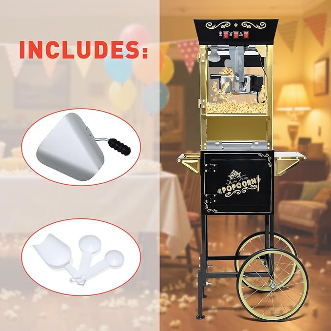 Black Vintage Commercial Popcorn Machine with Cart & Warmer Light - 12oz Stainless Steel Popper Makes 60 Cups for Theater, Parties & Home Use
