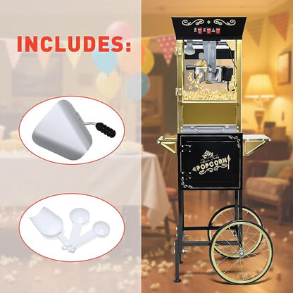 Black Vintage Commercial Popcorn Machine with Cart & Warmer Light - 12oz Stainless Steel Popper Makes 60 Cups for Theater, Parties & Home Use
