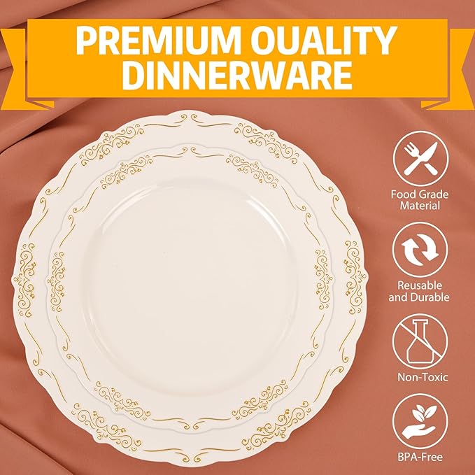 U-QE 100 PCS Ivory Christmas Plastic Plates with Gold Rim - Gold Plastic Plates for Christmas - Heavy Duty Disposable Use Including 50 10 '' & 50 7.5 ''