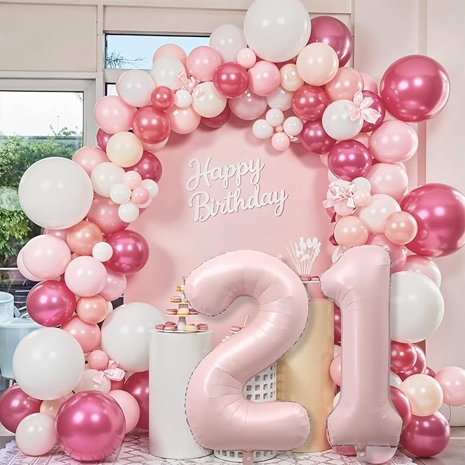 Light Pink 21st Birthday Balloon for Women, 40'' Self Inflating Mylar Number 21 Balloons, Big Blush Pastel Pink Foil 2 & 1 Helium Balloon for Her Boho Coquette 12th 21st Birthday Party Decorations