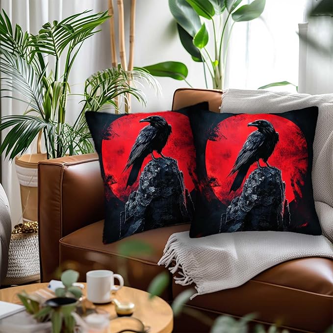 Raven Throw Pillow Covers Set of 2 | 18x18 Inches Cushion Cases for Couch, Sofa, Bedroom and Living Room | Gothic Pillowcases for Home Decoration