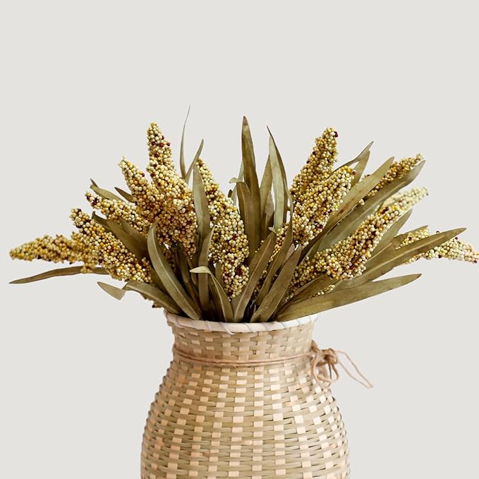 KBREE 16" Artificial Fall Grain Bundles for Thanksgiving Decoration, 4 Packs Rustic Harvest Sheaves with Aged Leaves, Faux Grain Bouquets for Thanksgiving Table Centerpiece, Farmhouse Decor (Beige)