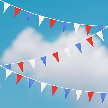 100 Ft Pennant Banner Flag, 60 Pcs String Hanging DIY Bunting Flags for Wedding, Birthday, General Celebrations, Outdoor & Indoor Decorations (White Red Dark Blue, 11x7 Inches)