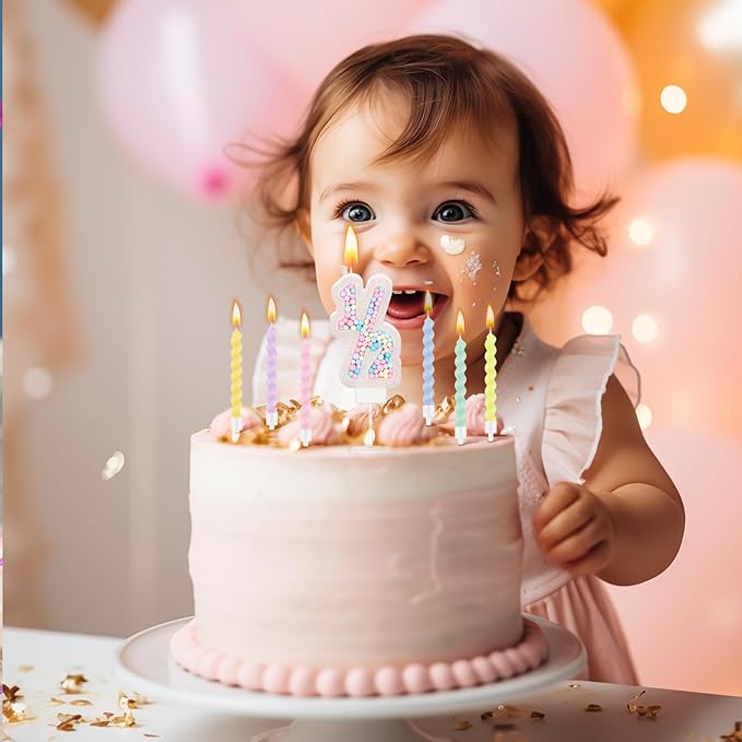 MTLEE Number 1/2 Birthday Candle with 12 Pcs Spiral Candles for Girls Macaron Pastel Rainbow Unicorn Pink Cake Topper for Sweet Theme Party Decoration