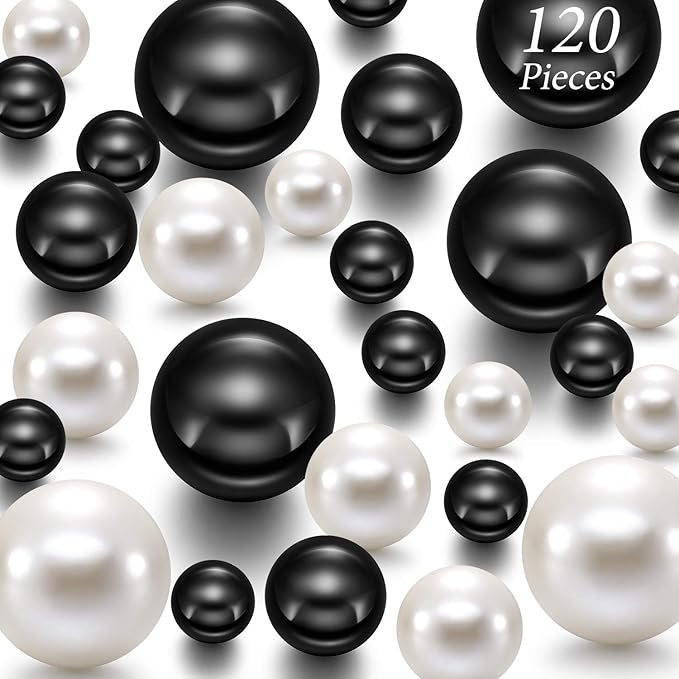 Hicarer 120 Pieces Pearl for Vase Filler Pearl Bead Vase Centerpieces Brush Holder Assorted Round Faux Bead for Crafting, Home Wedding Table Decor 14/20/30 mm(Creamy White, Bright Black)