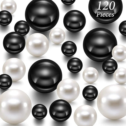 Hicarer 120 Pieces Pearl for Vase Filler Pearl Bead Vase Centerpieces Brush Holder Assorted Round Faux Bead for Crafting, Home Wedding Table Decor 14/20/30 mm(Creamy White, Bright Black)