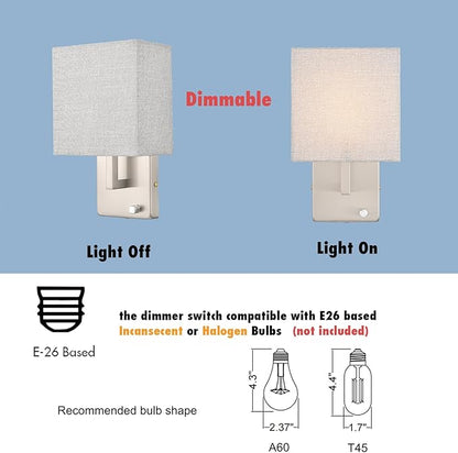 YUBOLE Modern Wall Sconces Brushed Nickel-Plug in(Received Version) and Hardwired Design Wall Light with Dimmable Switch for Bedroom Bathroom Set of 2