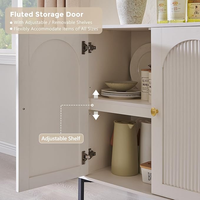 Modern Buffet Cabinet with Storage, 34" Tall Fluted Arched Sideboard Cabinet w/Adjustable Shelves, Wooden Modular Coffee Bar for Dining Room, Kitchen, Living Room, Entryway, White