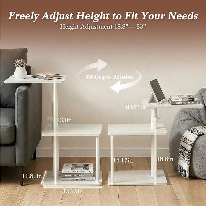 360° Swivel Side Table for Height Adjustable, C Shaped End Table for Couch with Storage, 3-Tier Night Stand with Open Shelf, Tv Tray for Small Spaces, Living Room, Bedroom, White