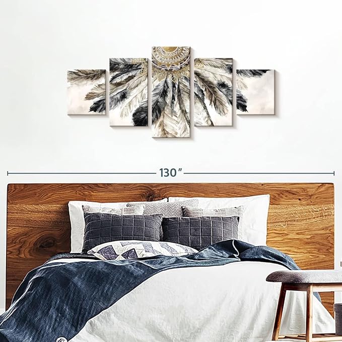 ElephantStock - Necklace Of Feathers Iii Wall Art - Horizontal Multi Panel Canvas - 5 Piece Living Room Wall Decor - Painting Multi Piece Wall Art - Brown And Gray Decor by Eva Watts - 80" x 36"