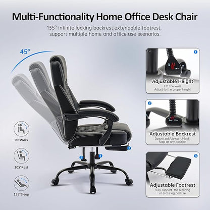 Office Chair, Big and Tall Office Chair with Foot Rest Ergonomic Chair for Home Desk, Reclining High Back Leather Chairs with Lumbar Support(Black)