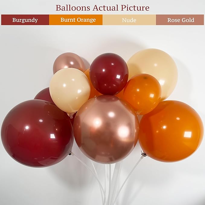 123Pcs Fall Balloon Garland Arch Kit, Burgundy, Orange, Nude, Metallic Rose Gold Balloons with Leaf Chestnut Balloons, for Autumn Thanksgiving Balloon Arch, Baby Shower Party Decorations