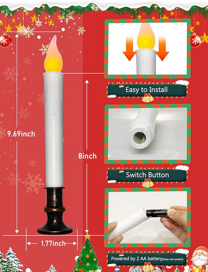 4 Pcs Christmas Window Candles with Timer, 9’’ LED Battery Operated Window Candle Lights with Flickering Flameless Flame, LED Candlesticks for Holiday Christmas Window Table Home Decor-Bronze Base