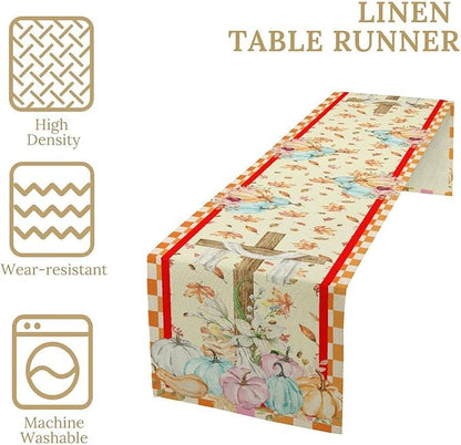 Watercolor Pumpkin Table Runner Fall Flowers Falling Leaves Cross Harvest Season Thanksgiving Rustic Home Decor for Farmhouse Indoor Outdoor Party Holiday Dining Kitchen Restaurant Cafe W13xL60in