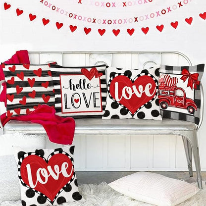 GEEORY Buffalo Plaid Valentines Pillow Covers 16x16 Set of 4 Polka dot Stripes Love Heart Truck Valentine Pillows Decorative Throw Pillows Valentines Day Decor for Sofa Couch Home Decorations G175-16