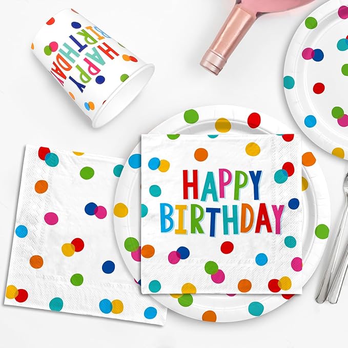Happy Birthday Party Supplies - Dots Design, Featuring Napkins, Suitable for Adults & Kids (6.5x6.5 in, 3-Ply Disposable, 50-Pack)