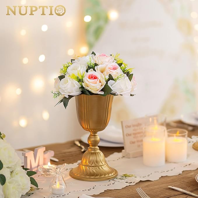 Pcs of 6 Fake Flower Ball Arrangement Bouquet,15 Heads Plastic Roses with Base, Suitable for Our Store's Wedding Centerpiece Flower Rack for Parties Valentine's Day Home Décor (Pink Champagne & White)
