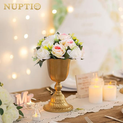 Pcs of 6 Fake Flower Ball Arrangement Bouquet,15 Heads Plastic Roses with Base, Suitable for Our Store's Wedding Centerpiece Flower Rack for Parties Valentine's Day Home Décor (Pink Champagne & White)