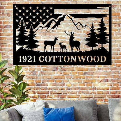 Personalized Deer Metal Address Sign with American Flag and Mountain Scene, Custom Family Name Plaque for Hunting Cabin, Lodge, House, Outdoor Rustic Decor, Housewarming Gift for Hunters & Men