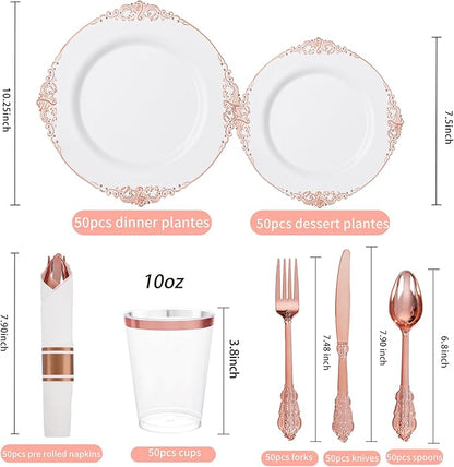 Hioasis 350pcs Rose Gold Plastic Plates - Elegant Disposable Dinnerware Set Suitable for 50 Guests Include 10.25" Dinner & 7.5" Dessert Plates, Pre Rolled Silverware Set, Cups for Party & Thanksgiving