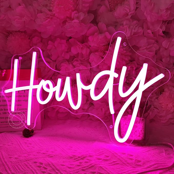 SYLHOME Howdy Led Neon Light Sign Pink Preppy Bedroom Wall Sign Decor Party Birthday Christmas Bar Pub Light Up Signs Girls USB 5V 15.75"X9.65" Dimmer