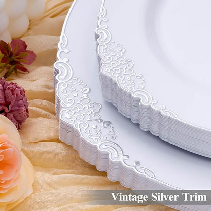 100 PCS White and Silver Plastic Plates for 50 Guests, Rose Gold Disposable Plates Include 50 PCS Dinner Plates, 50 PCS Dessert Plates for Party, Wedding and Baby Shower
