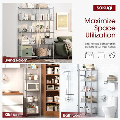 Storage Shelves - Set of 2, 5-Tier Metal Shelf Organizer, Space-Saving Garage Shelving with Leveling Feet, Standing Shelves Organizer for Kitchen, Laundry, Pantry (18.4"x12.6"x57.4", Silver)