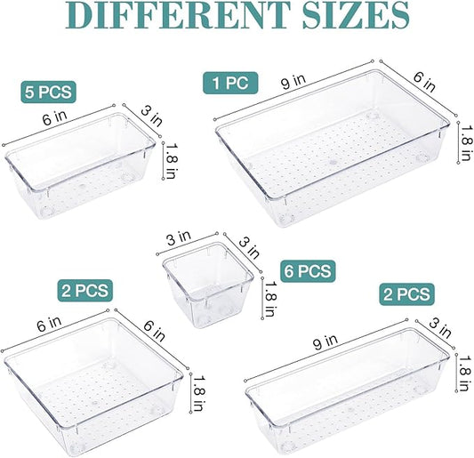 16 PCS Drawer Organizer Set, 5 Varied Size Bathroom and kitchen Drawer cabinet organizer Trays, Clear Storage Bins for Makeup, Jewelry, Utensils and Gadgets