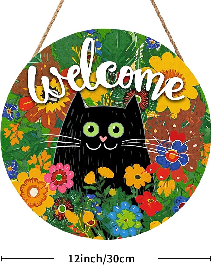 Welcome Spring Black Cat Sign for Front Door Decor Spring Summer Flowers Door Hanger for Outdoor Outside Porch Seasonal Summer Farmhouse Wooden Wreath Colorful Wall Hanging Decoration 12"x12"