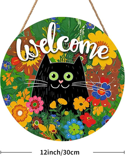 Welcome Spring Black Cat Sign for Front Door Decor Spring Summer Flowers Door Hanger for Outdoor Outside Porch Seasonal Summer Farmhouse Wooden Wreath Colorful Wall Hanging Decoration 12"x12"