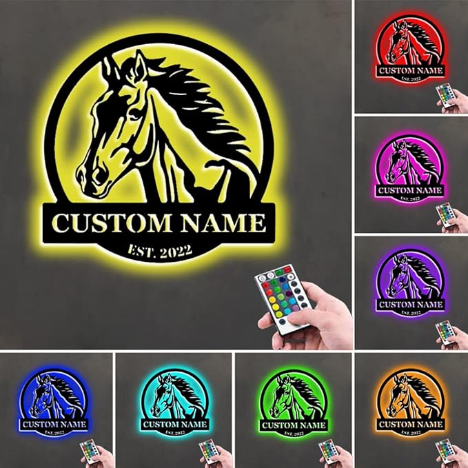 Personalized Name Horse Lamp - Custom Wooden/Metal Night Light, Wall Art, LED Light, Farmhouse House Sign, Themed Gifts for Girl Birthday Christmas