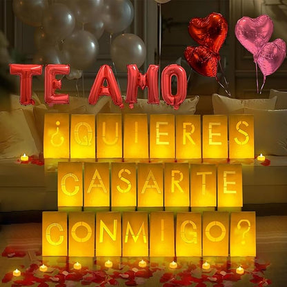¿Quieres casarte conmigo? Lighted Letters Sign 17pcs Luminary Paper Bags 2200pcs Red Pink Artificial Rose Petals 48pcs Flameless LED Candle Tealight 15pcs Heart Balloons Romantic Night Valentine's Day