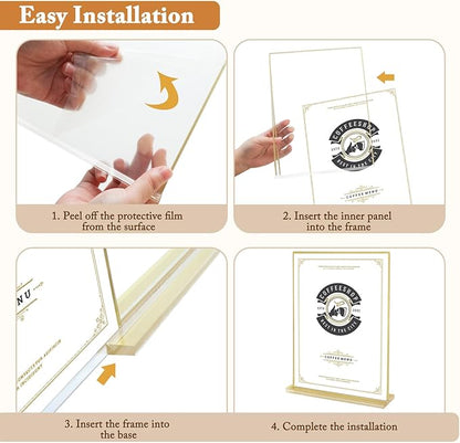 Floroom 6 Pack 8.5x11 Inch Clear Acrylic Sign Holders, Double-Sided Gold Display Stand Picture Frames for Table Numbers, Menus, Flyers, Weddings, and Offices
