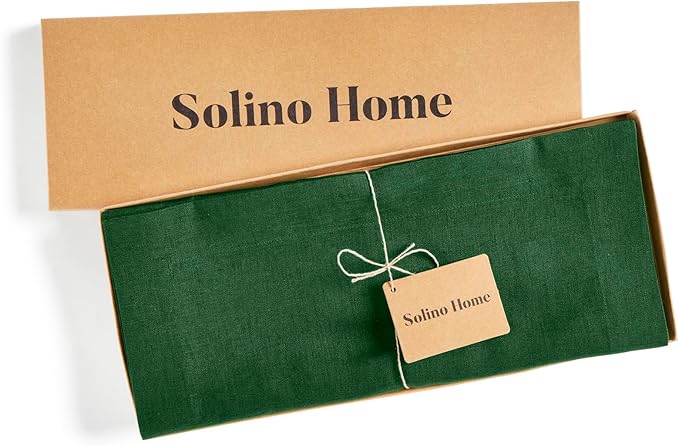 Solino Home Linen Pine Green Table Runner 120 Inches Long - 100% Pure Linen 14 x 120 Inch Table Runner for Fall, Autumn, Christmas, New Year - Fete