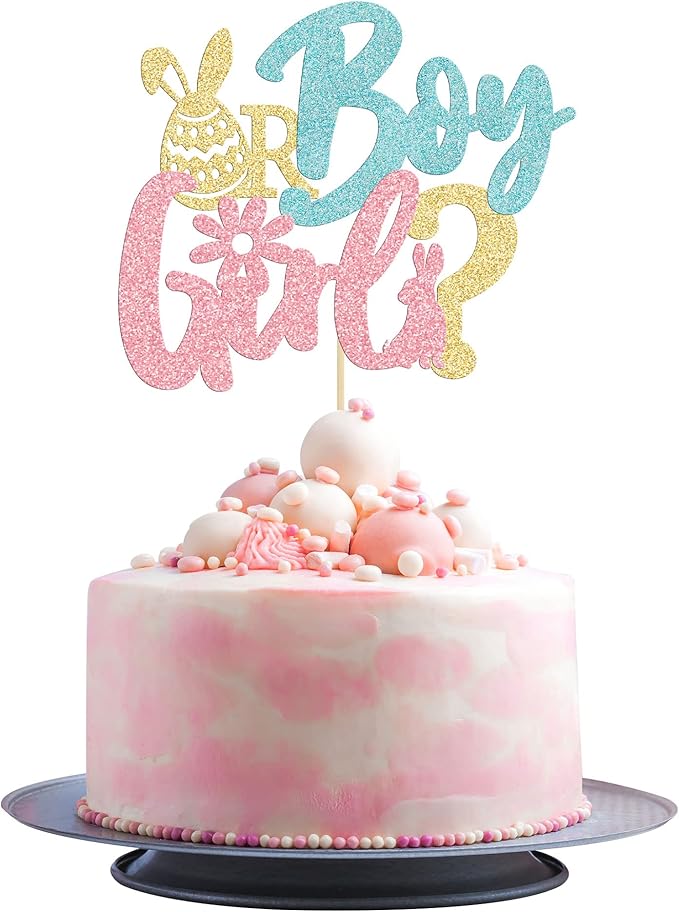 1Pc Happy Easter Boy or Girl Cake Topper Blue Pink Glitter Rabbit Bunny Gender Reveal Cake Food Pick Bunny Cake Decorations for Happy Easter Themed Baby Shower Kids Birthday Party Supplies