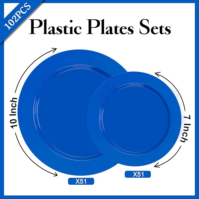I00000 102 Pcs Hanukkah Plastic Plates, Hanukkah Plates Disposable Blue Party Plates Include 51 Blue Dinner Plate 10’’ and 51 Plastic Dessert Plate 7’’ Perfect for Hanukkah, Party