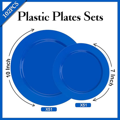 I00000 102 Pcs Hanukkah Plastic Plates, Hanukkah Plates Disposable Blue Party Plates Include 51 Blue Dinner Plate 10’’ and 51 Plastic Dessert Plate 7’’ Perfect for Hanukkah, Party