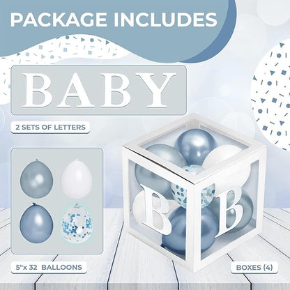 Baby Shower Boxes with Letters – White Boxes with White, Dusty Blue, Light Blue and Confetti Balloons – 44-Piece Gender Reveal & Party Decoration Set by Vellax