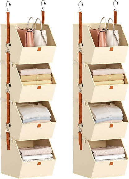 Hanging Closet Organizer 4 Tier - Clothes Hanging Shelves, Space-Saving Closet System, Fabric Storage Bins Bedroom Organization, Collapsible Baskets for Home, Dorm, Rv, Beige, 8 Pack