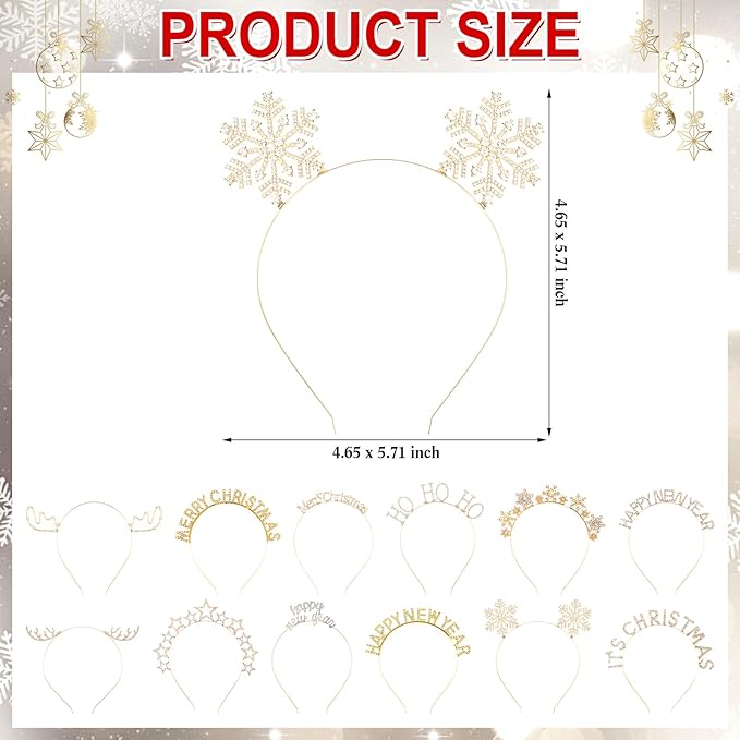 Yunlly 12 Pcs Christmas Headbands Set Rhinestone Xmas Headbands Cute Reindeer Antler Snowflake Star Headpiece Christmas Happy New Year Holiday Party Accessories for Women Girls
