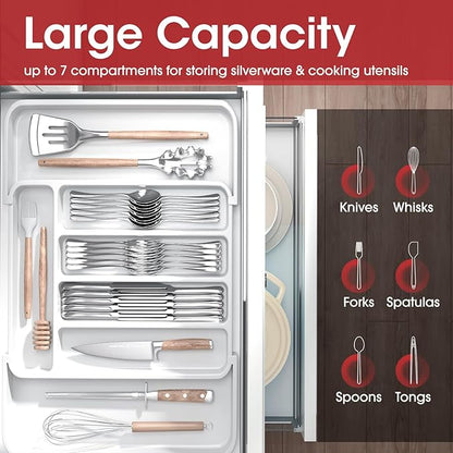 Aujen Silverware Organizer - Expandable Kitchen Drawer Organizer, Adjustable Utensil Organizer, Cutlery Tray for Forks, Knives, Multipurpose Kitchen Organizers and Storage Solution, White, Medium