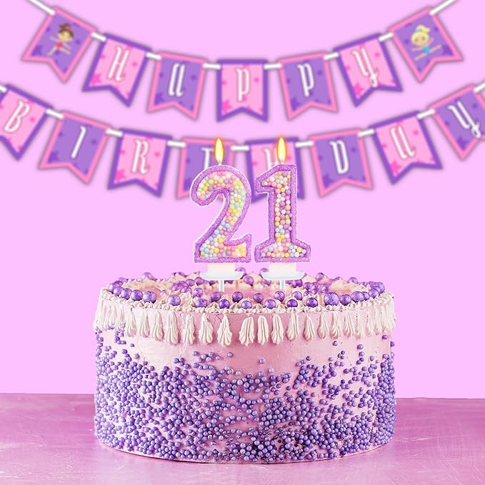 Purple Birthday Candles - Number 21 Candle, Colorful Macaron Candles, 21 Birthday Decorations for Girls, Purple Cake Decorations, Theme Party Supplies