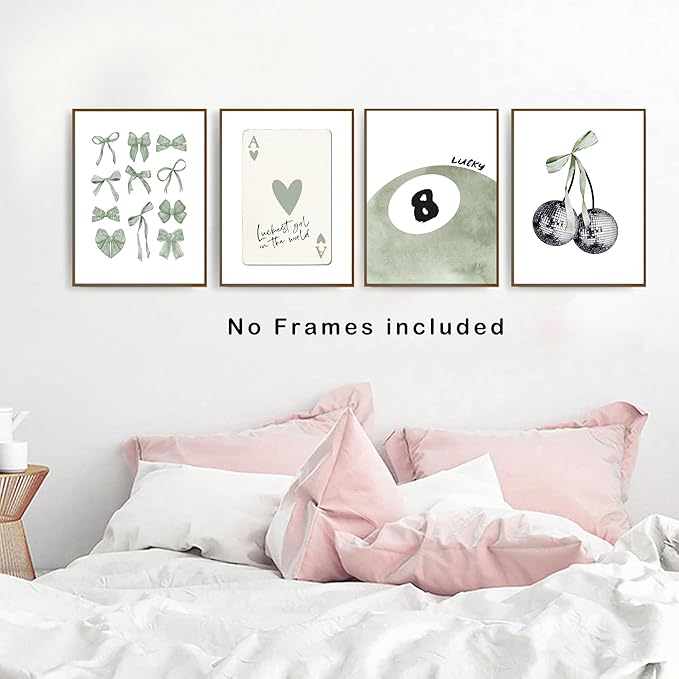 okaxscm Sage Green Coquette Trendy Preppy Wall Art Prints Set of 4, Coquette Preppy Room Decor Aesthetic, Green Bow Disco 8 Ball Cherry Wall Decor Posters for Girls Bedroom Dorm, 12x16 Unframed