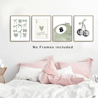 okaxscm Sage Green Coquette Trendy Preppy Wall Art Prints Set of 4, Coquette Preppy Room Decor Aesthetic, Green Bow Disco 8 Ball Cherry Wall Decor Posters for Girls Bedroom Dorm, 12x16 Unframed
