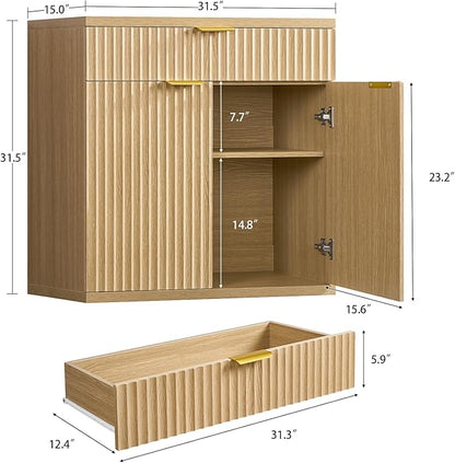 TEENFON Fluted Buffet Cabinet with Storage, 31.5" Sideboard Cabinet, Coffee Bar Cabinet with 2 Doors and Adjustable Shelf for Living Room, Kitchen, Entryway, Natural