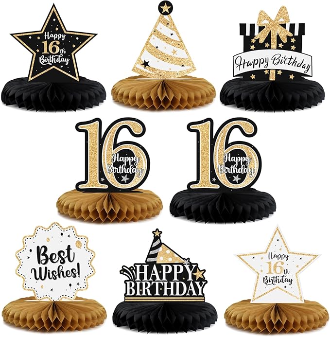 Happy 16th Birthday Decorations,16th Birthday Gold Glitter Shiny Stand Honeycomb Table Centerpieces - Cheers to Sixteen Years Old Birthday Party Photoprop Gift Sign.
