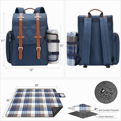 Picnic Backpack for 4 Person with Large Insulated Cooler Bag, Picnic Basket Set with Wine Pouch, Waterproof Picnic Blanket & Cutlery Set. Perfect for, Camping, Party,Wedding Gift for Couple,Blue